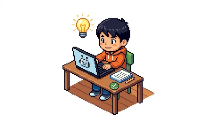 Pixel art illustration of a smiling child at a desk using a laptop with a friendly robot on the screen, a notebook and pencil beside them, and a glowing lightbulb overhead