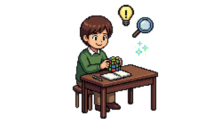 Pixel art illustration of a student solving a colorful puzzle cube at a study desk with lightbulb and magnifying glass icons representing mental skills