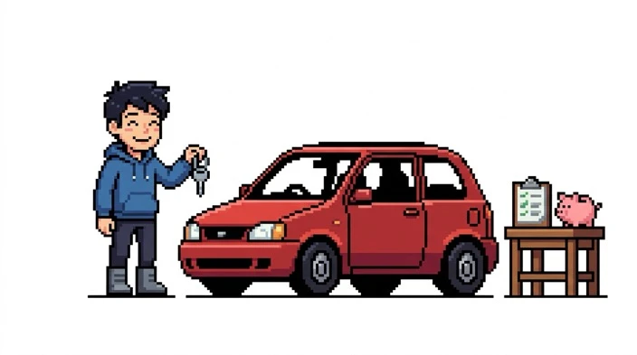 Pixel art illustration of a smiling young driver holding silver car keys next to a reliable red hatchback car, with a checklist and piggy bank nearby