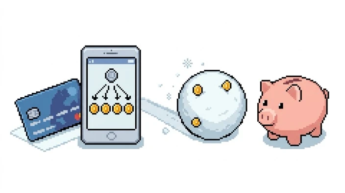 Pixel art illustration of a credit card, a phone showing a purchase split into four coins, a growing snowball with coins stuck to it, and a piggy bank