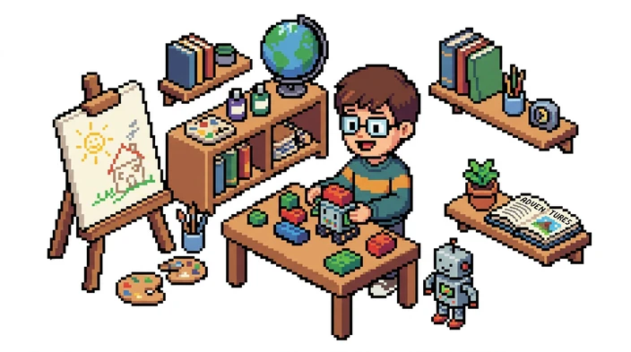 Pixel art illustration of a student in a creative workshop exploring building robots, painting on an easel, and reading adventure books