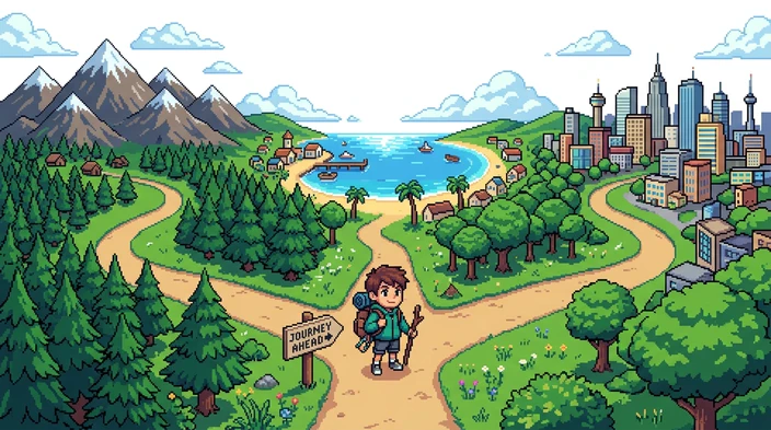 Pixel art illustration of a young student with a backpack standing at a crossroad with paths leading to mountains, a sunny beach, and a city skyline