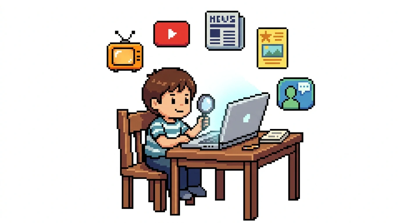 Pixel art illustration of student exploring technology and media with magnifying glass