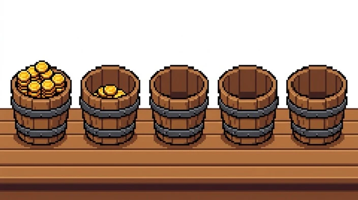 Pixel art illustration of five neat wooden buckets on a table showing crisp gold coins filling bucket one and overflowing into bucket two