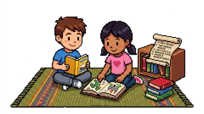 16-bit SNES pixel art illustration of two primary school children reading storybooks on a cozy rug next to a bookshelf and reading list scroll