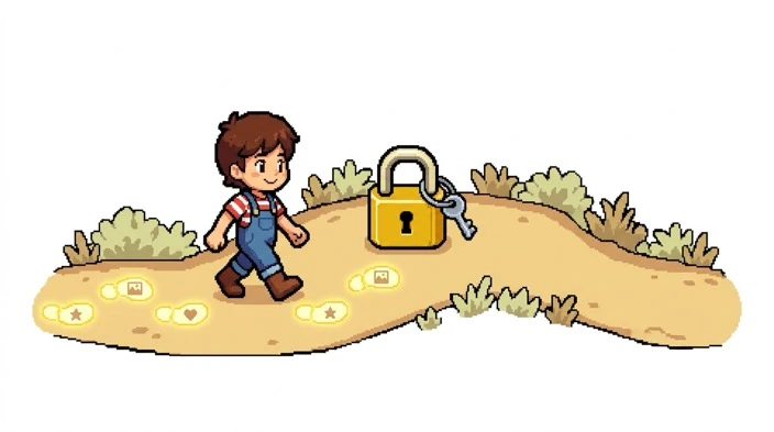 Pixel art illustration of a smiling child walking along a sandy path leaving glowing footprints with tiny photo, heart and star icons, beside a large golden padlock with a key ring