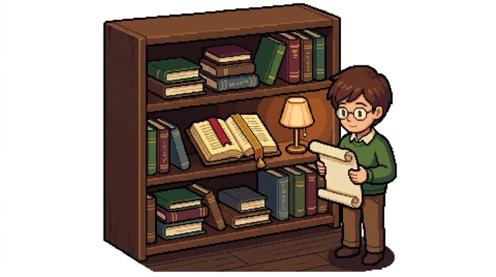 16-bit SNES pixel art illustration of a student reading a curated book list scroll by a cozy wooden library bookshelf