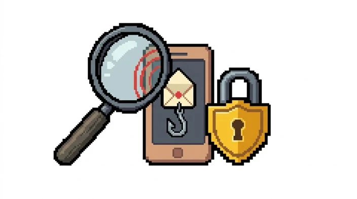 Pixel art illustration of a smartphone showing a suspicious message with a fishing hook, a magnifying glass examining it, and a golden padlock shield