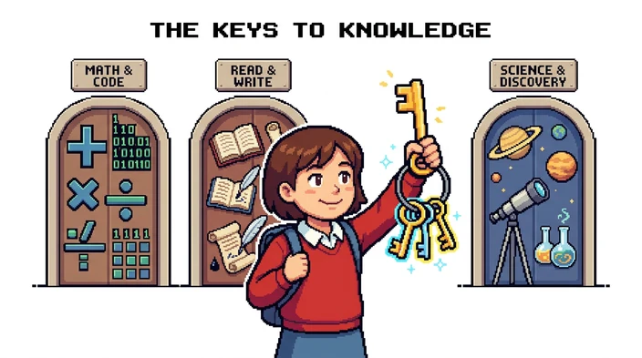 Student holding a golden master key ring before doors for math and code, reading and writing, and science and discovery