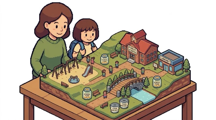 16-bit SNES pixel art illustration of a parent and child exploring a miniature community model with public school, library, playground, and bridge connected by sharing funds