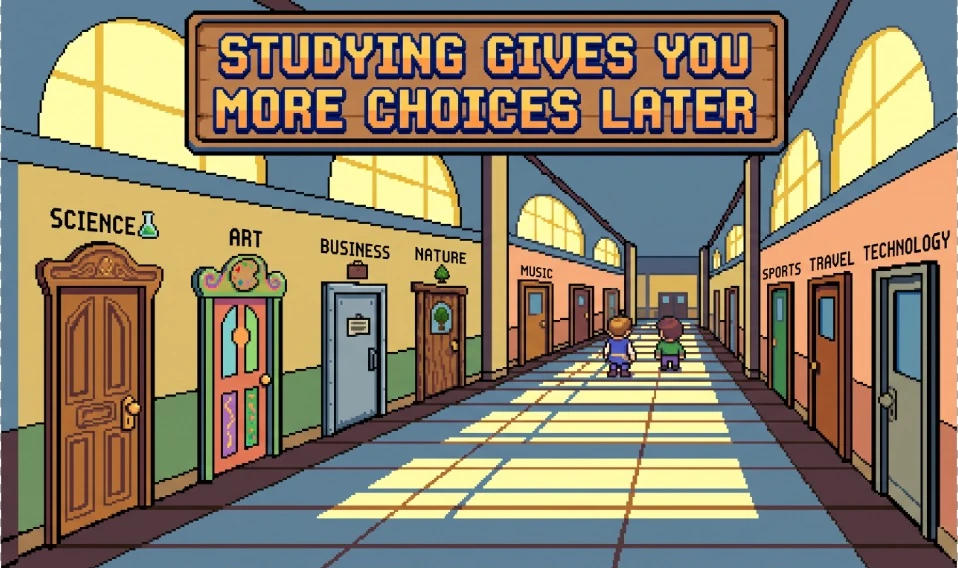 Pixel art illustration of two kids walking down a hallway with doors labeled Science, Art, Business, Nature, Music, Sports, Travel, and Technology