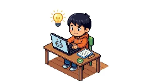 Pixel art illustration of a smiling child at a desk using a laptop with a friendly robot on the screen, a notebook and pencil beside them, and a glowing lightbulb overhead