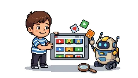 Pixel art illustration of a smiling child holding a tablet full of video thumbnails while a small friendly robot sorter drops colourful cards onto the screen, with a magnifying glass on the ground