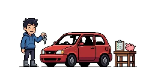 Pixel art illustration of a smiling young driver holding silver car keys next to a reliable red hatchback car, with a checklist and piggy bank nearby