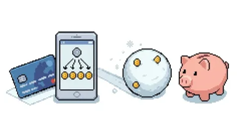 Pixel art illustration of a credit card, a phone showing a purchase split into four coins, a growing snowball with coins stuck to it, and a piggy bank