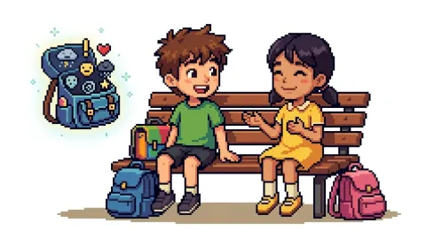 Pixel art illustration of two school children sitting on a park bench talking kindly with a backpack beside them