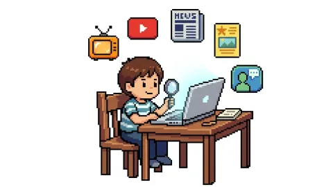 Pixel art illustration of a child at a laptop holding a magnifying glass, surrounded by floating media icons including TV, YouTube, news, and social media