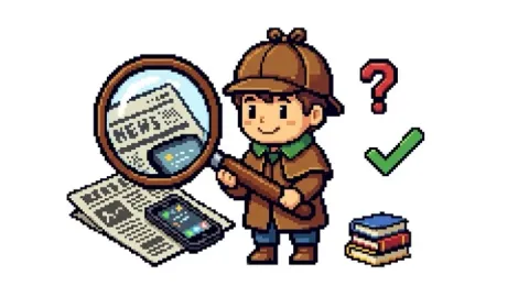 Pixel art illustration of a smiling child detective in a brown hat holding a large magnifying glass over a newspaper and a phone, with a question mark, a green checkmark and a stack of books nearby