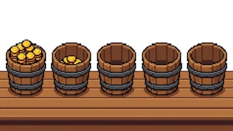 Pixel art illustration of five neat wooden buckets on a table showing crisp gold coins filling bucket one and overflowing into bucket two