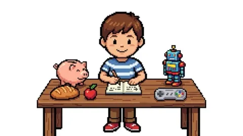 Pixel art illustration of a smiling child standing at a table with a piggy bank and notebook, with bread and an apple on one side and a toy robot and game controller on the other