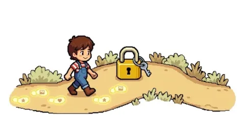 Pixel art illustration of a smiling child walking along a sandy path leaving glowing footprints with tiny photo, heart and star icons, beside a large golden padlock with a key ring