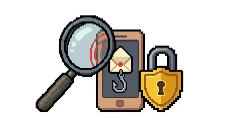 Pixel art illustration of a smartphone showing a suspicious message with a fishing hook, a magnifying glass examining it, and a golden padlock shield