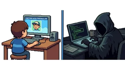Pixel art illustration of a child chatting online with a friendly kid avatar while a shadowy stranger in a hoodie is typing on the other end