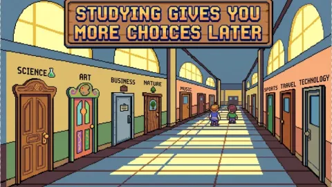 Pixel art illustration of two kids walking down a hallway with doors labeled Science, Art, Business, Nature, Music, Sports, Travel, and Technology